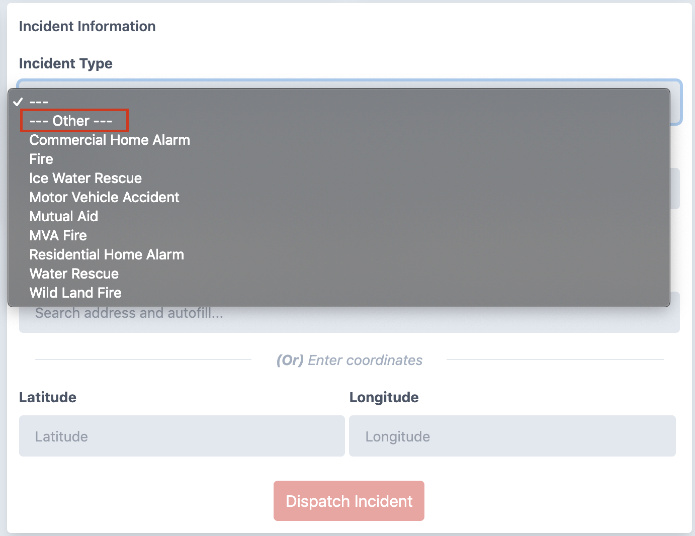 Selecting Incident Type